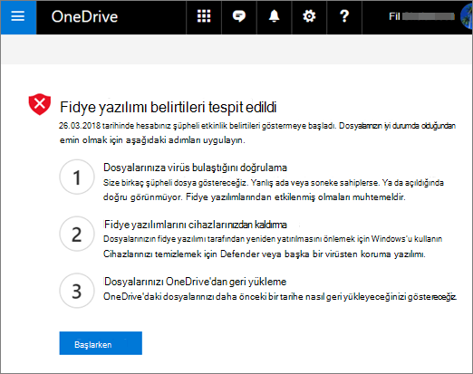 OneDrive web sitesinde Fidye yazılımı algılandı belirtilerinin ekran görüntüsü