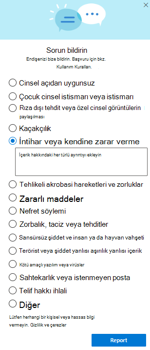 OneDrive'da Kötüye kullanımı bildir iletişim kutusunun ekran görüntüsü