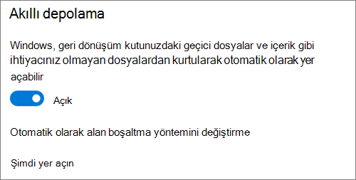 Akıllı Depolama’yı etkinleştirmeye yarayan Windows 10 Depolama iki durumlu düğmesi