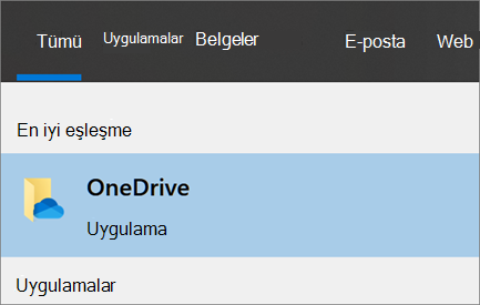 Windows 10’da OneDrive masaüstü uygulamasını aramanın ekran görüntüsü