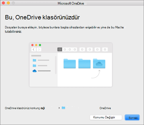 Mac’te, OneDrive’a Hoş geldiniz sihirbazındaki Bu Sizin OneDrive Klasörünüz sayfasının ekran görüntüsü
