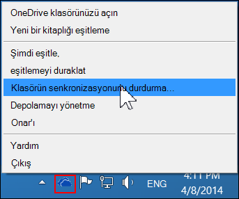 OneDrive İş menüsünde Klasör eşitlemeyi durdur komutu