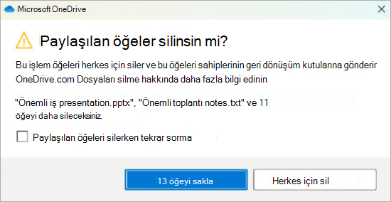 Paylaşılan dosyaları silmeye yönelik OneDrive onay isteminin ekran görüntüsü