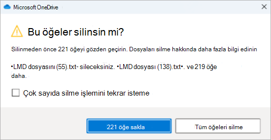 Çok sayıda dosyayı silmek için OneDrive onay isteminin ekran görüntüsü