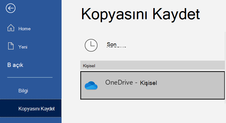 Bir WordWord belgesinin Kopyasını kaydet sayfasındaki konumlar listesi.