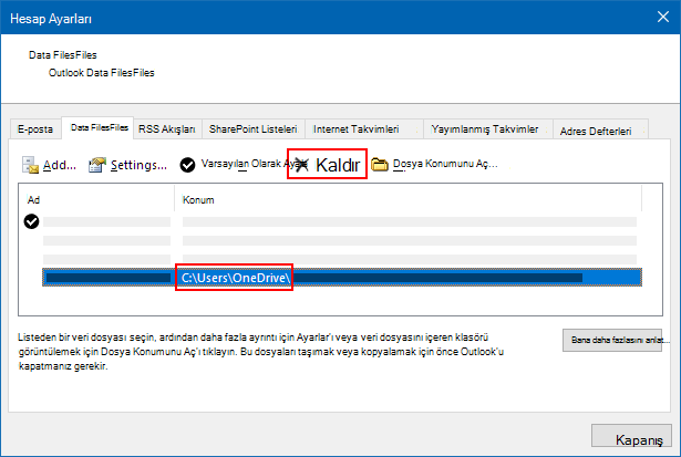 Outlook veri dosyaları iletişim kutusu