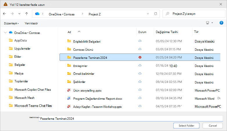 OneDrive klasör seç iletişim kutusunu gösteren ekran görüntüsü.