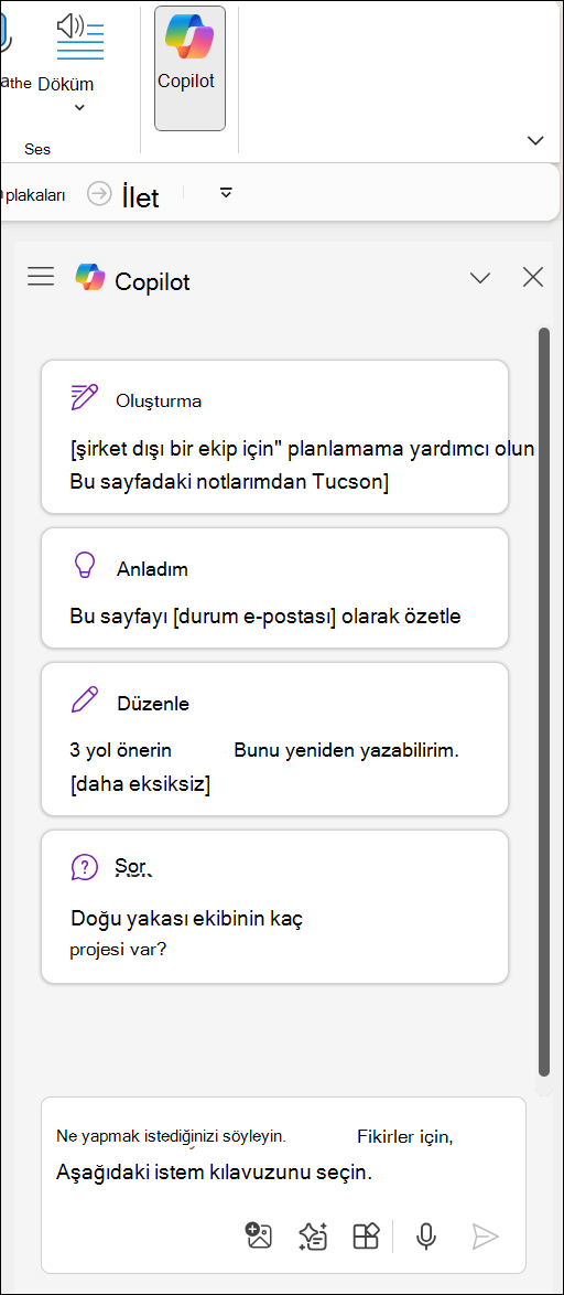 OneNote’ta sayfanın sağ tarafındaki Copilot bölmesi.