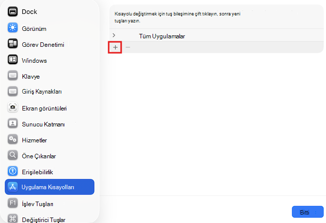 Mac'te klavye kısayollarının ekran görüntüsü.