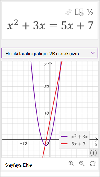 x kare artı 3 x eşittir 5 x artı yedi denklemi için matematik yardımcı oluşturulan grafiğin ekran görüntüsü. Bir çizgi kırmızı ve bir parabol mor renkle gösterilir