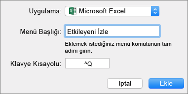 Office Mac 2016 özel klavye kısayolu örneği