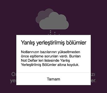 Android için OneNote'da yanlış yerleştirilmiş bölümler bildirimi