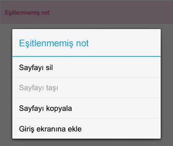 Android için OneNote'de Not menüsü