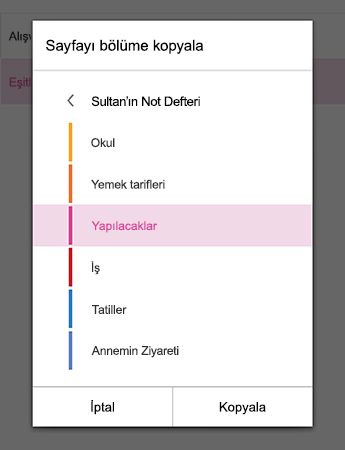 Android için OneNote'de Sayfayı Bölüme Kopyala menüsü