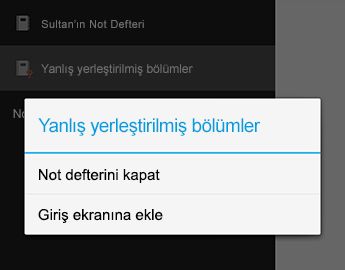Android için OneNote'ta, Not Defterini Kapat komutu Android için OneNote