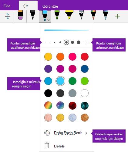 Windows 10 için OneNote'ta mürekkep vuruş genişliği ve renk seçenekleri