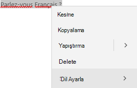 Dilin nasıl ayarlanacağına ilişkin bağlam menüsünü gösteren seçili Fransızca metin.