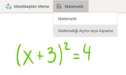 Windows 10 için OneNote'ta Matematik düğmesi seçeneği