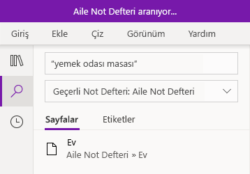 Windows 10 için OneNote'ta bir metin parçası arama