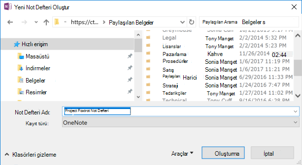 Windows 2016 için OneNote Yeni Not Defteri Oluştur iletişim kutusu