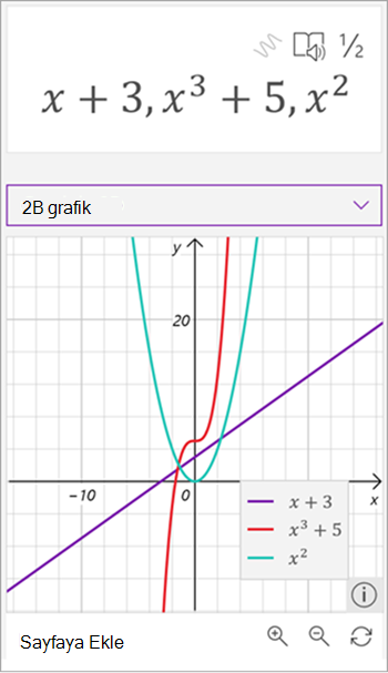 Matematik yardımcı oluşturulan üç denklemin grafiğinin ekran görüntüsü, x artı mor renkte, x üzeri üçüncü artı 5 kırmızı ve x kare yeşil renkte.