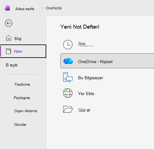 OneNote'ta yeni not defteri işlemi