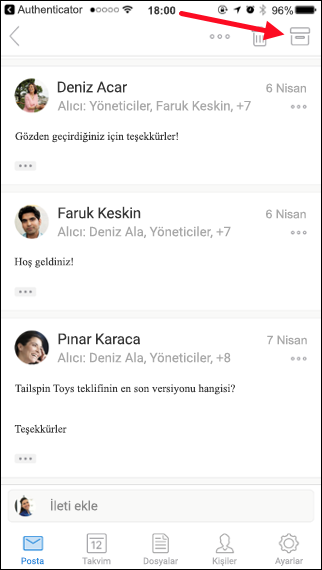 Arşivle düğmesine dokunarak bir iletiyi arşivleyebilirsiniz