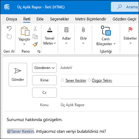 Outlook'ta Bahsetme