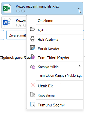 Klasik Outlook'un daha yeni sürümlerinde bir ekin yanındaki aşağı oku seçin ve sonra da Eki Kaldır'ı seçin.