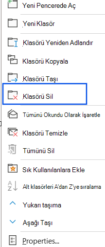 Gezinti bölmesinde seçili Klasörü Sil seçeneğinin ekran görüntüsü.