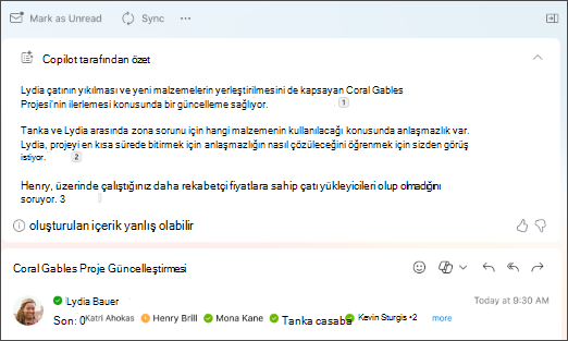 Copilot tarafından oluşturulan alıntılar içeren e-posta yazışmasının özeti