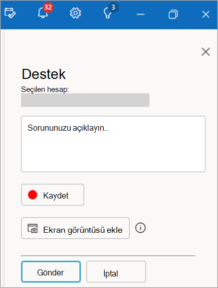 Sorunun açıklamasını sağlamak için kullanılan alanı gösteren desteğe başvurun bölmesinin ekran görüntüsü