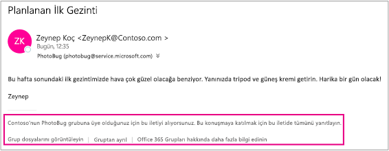 Konuğun grup üyelerinden aldığı tüm e-postalar, yönergelerin ve bağlantıların bulunduğu bir alt bilgi içerir