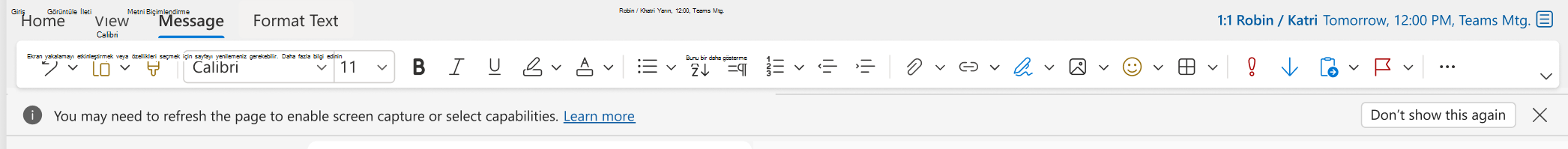 Ekran yakalama özelliği olmadığında Web için Outlook için Bilgi Çubuğu