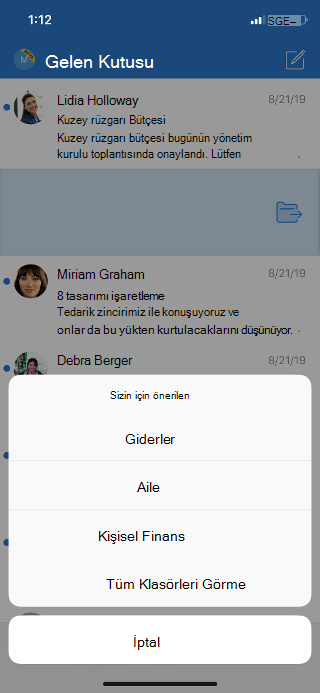 Klasör seçeneklerinin listesini ve tüm klasörleri görüntüleme seçeneğini içeren bir gelen kutusu gösterir.