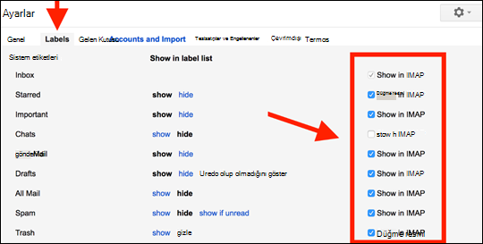 Klasörlerin Outlook Mobile'da çalışmasını sağlayan Google ayarları.
