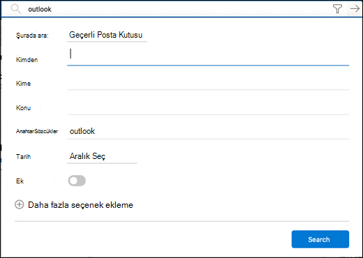 Arama için filtre menüsü.