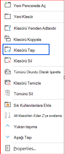 Gezinti bölmesinde seçili klasörü taşı seçeneğinin ekran görüntüsü.