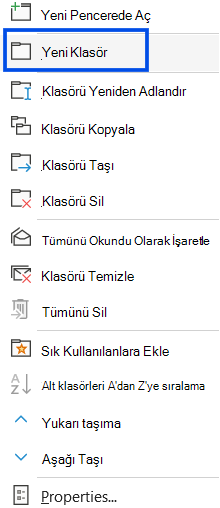 Klasik Outlook'un gezinti bölmesinde yeni klasör seçimini gösteren ekran görüntüsü.