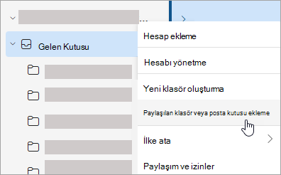Paylaşılan klasör veya posta kutusu ekleme seçimini gösteren ekran görüntüsü