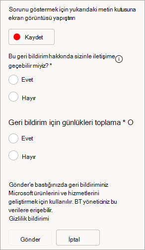 Geri bildirim gönderirken kişilere izin verme ve günlükleri gönderme seçeneğini gösteren ekran görüntüsü