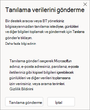 Bir temsilci ile konuşurken tanılama verilerinin nasıl gönderileceğini gösteren pencerenin ekran görüntüsü
