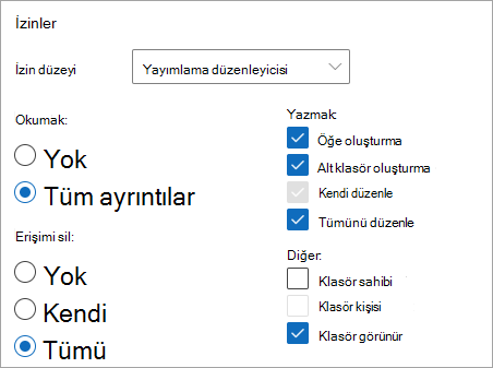 İzin düzeyi olarak seçilen Yayımlama düzenleyicisini gösteren ekran görüntüsü