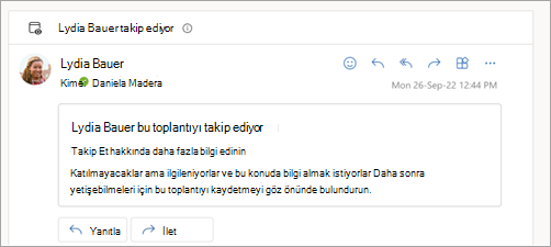 Katılımcının toplantıyı takip ettiğine dair e-posta yanıtını gösteren ekran görüntüsü