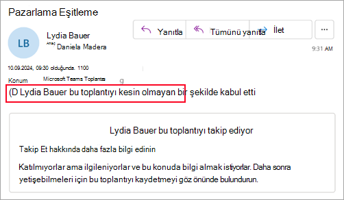 Yeni Outlook kullanmayan düzenleyiciler için katılımcının toplantıyı kesin olmayan biçimde kabul ettiğini gösteren ekran görüntüsü