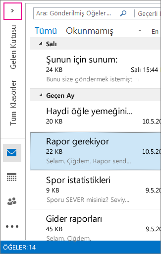Simge durumuna küçültülmüş klasör bölmesinde simge olarak görünümler