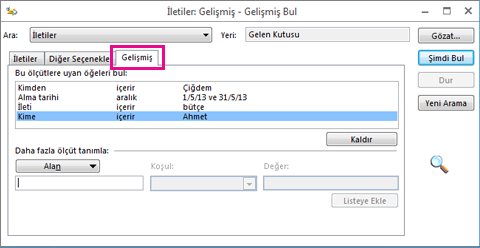 Arama koşullarının listesi oluşturuluyor
