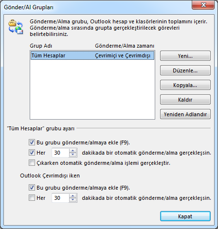 Gönder/Al Ayarları iletişim kutusu