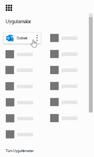 Outlook uygulamasının vurgulandığı Microsoft 365 uygulama başlatıcısı.