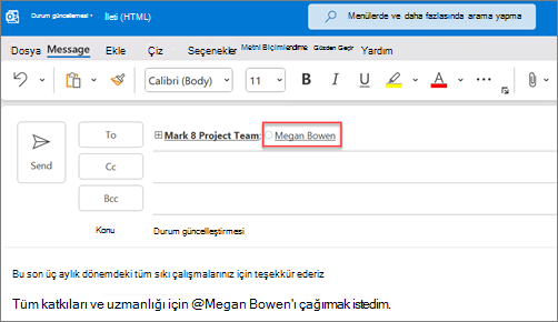 Varsayılan olarak, bahsedilen kişilerin tam adı ve e-postası gösterilir